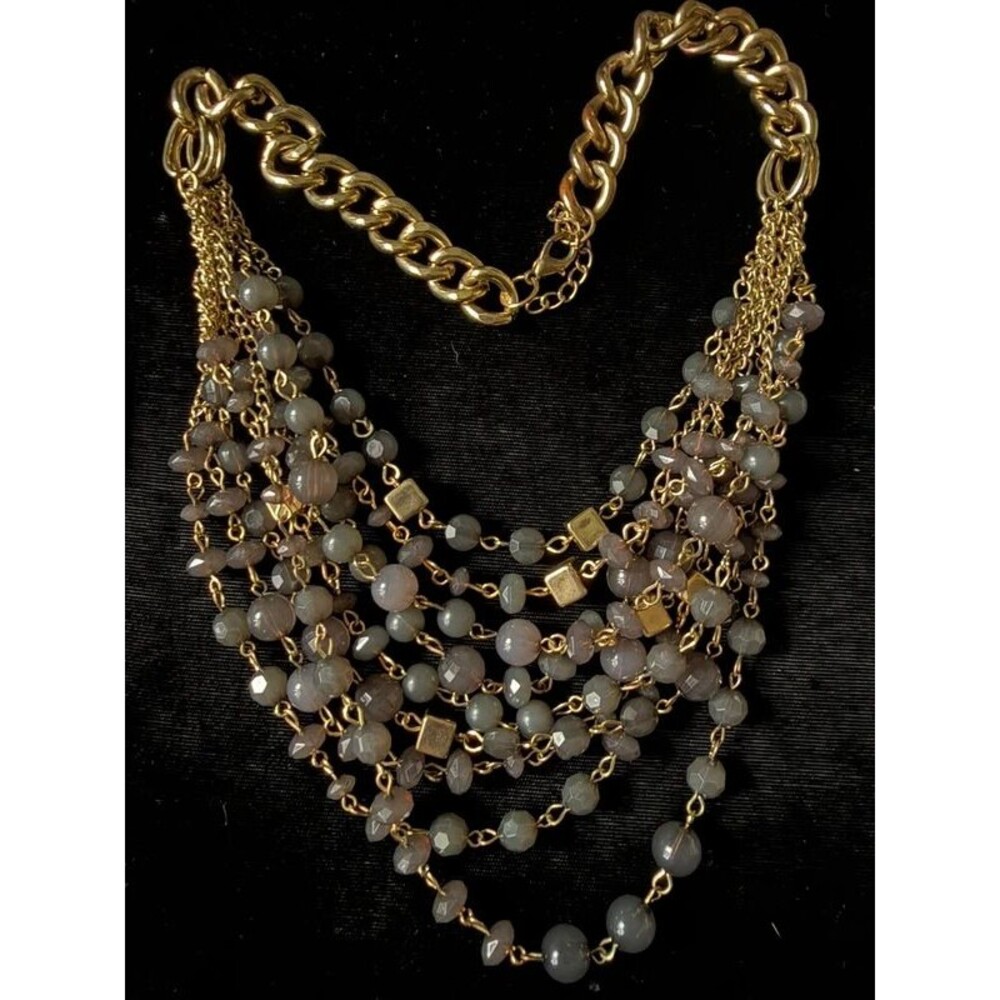 9-Strand Grey Bead Bib Necklace, Gold-Tone Chain